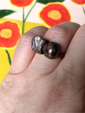 Copper toi et moi (you and me) ring w/ purples (amethyst & peacock pearl?) 6.25